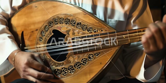 Sitting, singing and singing, practicing the hobby of playing using the oud, artistic musical talents, a close-up of the hands of a Saudi Arab Gulf man, an artist who presents programmes, musical arts and theatrical art, enjoying playing classical stringed instruments.
