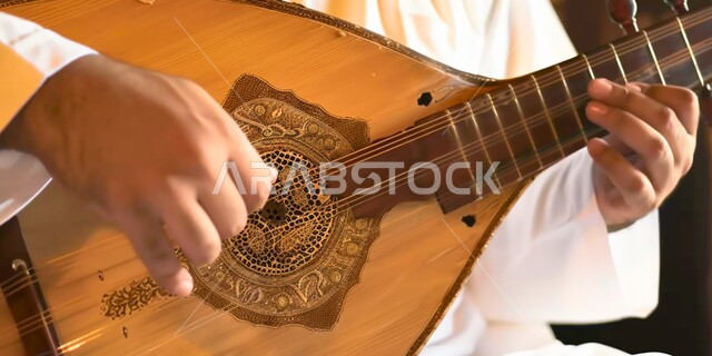 الإستمتاع بالعزف على الآلات الوترية الكلاسيكية، جلسة وناسة وطرب، ممارسة هواية العزف باستخدام آلة العود، مواهب فنية موسيقية، صورة مقربة لأيدي رجل خليجي سعودي عربي فنان يقدم البرامج والفنون الموسيقية والفن المسرحي