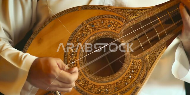 الإستمتاع بالعزف على الآلات الوترية الكلاسيكية، جلسة وناسة وطرب، ممارسة هواية العزف باستخدام آلة العود، مواهب فنية موسيقية، صورة مقربة لأيدي رجل خليجي سعودي عربي فنان يقدم البرامج والفنون الموسيقية والفن المسرحي