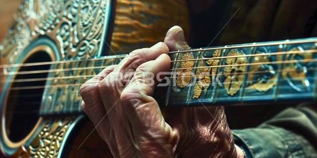  الإستمتاع بالعزف على الآلات الوترية الكلاسيكية، جلسة وناسة وطرب، ممارسة هواية العزف باستخدام آلة العود، مواهب فنية موسيقية، صورة مقربة لأيدي رجل خليجي سعودي عربي فنان يقدم البرامج والفنون الموسيقية والفن المسرحي