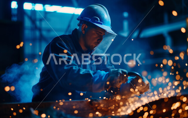 إتقان العمل في مصنع الحداده, استعمال آله مطحنه الزوايه بشفرات دائرية لصناعة القطع الحديدية، تجهيز وقص الحديد الصلب بمعدات وأدوات البناء، مهندس صناعي عربي خليجي سعودي يرتدي الخوذة وقناع الحمايه الواقي يقوم بقطع المعدن