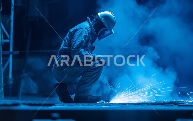 استعمال آله مطحنه الزوايه بشفرات دائرية لصناعة القطع الحديدية، تجهيز وقص الحديد الصلب بمعدات وأدوات البناء، مهارة إتقان العمل في مصنع الحداده, مهندس صناعي عربي خليجي سعودي يرتدي الخوذة وقناع الحمايه الواقي يقوم بقطع المعدن