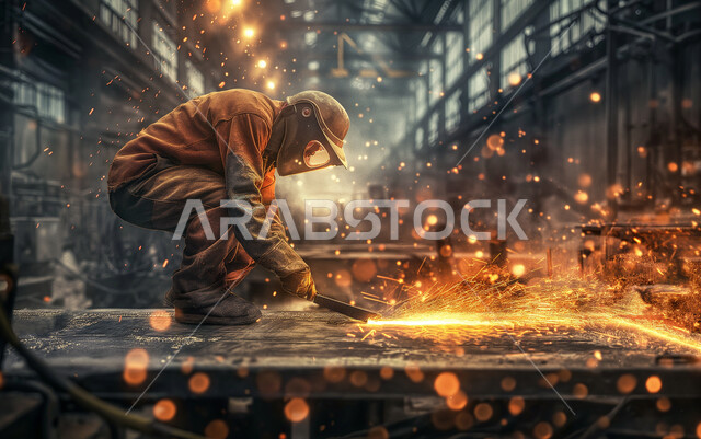 تجهيز وقص الحديد الصلب بمعدات وأدوات البناء، مهارة إتقان العمل في مصنع الحداده, مهندس صناعي عربي خليجي سعودي يرتدي الخوذة وقناع الحمايه الواقي يقوم بقطع المعدن, استخدام آله مطحنه الزوايه بشفرات دائرية لصناعة القطع الحديدية