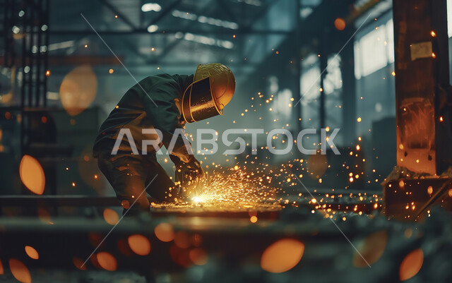 مهارة إتقان العمل في مصنع الحداده, مهندس صناعي عربي خليجي سعودي يرتدي الخوذة وقناع الحمايه الواقي يقوم بقطع المعدن, استخدام آله مطحنه الزوايه بشفرات دائرية لصناعة القطع الحديدية، تجهيز وقص الحديد الصلب بمعدات وأدوات البناء