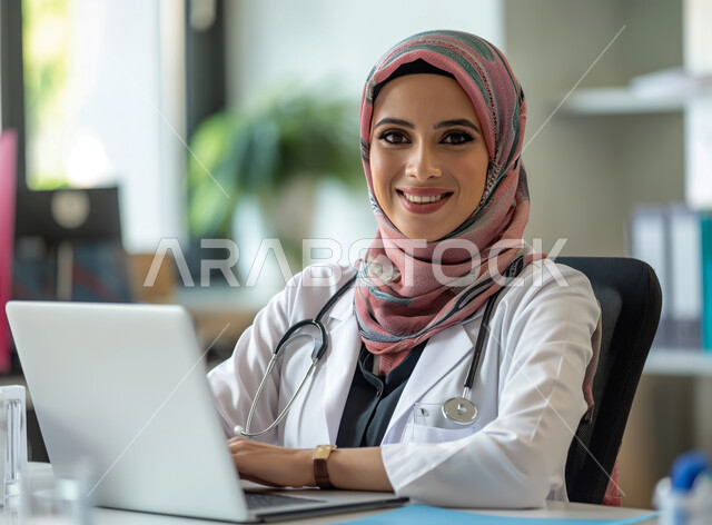 إدارة شؤون الأعمال وتنظيمها عبر الاجهزة التقنية، دمج العمل مع التقنية والتكنولوجيا، مهن ووظائف ادارية مكتبية، موظفة عربية خليجية سعودية محجبة تقوم بالعمل على الحاسوب المحمول داخل المكتب