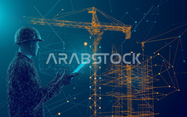 مفهوم هندسة الإنشاءات المعمارية، استعمال الأجهزة التقنية الحديثة لمتابعة المشاريع والمخططات الهندسية المتطورة، رسومات بيانية توضيحية لمخطط هندسي، خلفية هولوجرامية ثلاثية الأبعاد لمهندس عربي خليجي سعودي يرتدي لباس العمل وخوذة الحماية يحمل جهاز التابلت