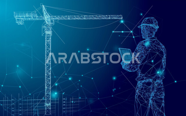 استعمال الأجهزة التقنية الحديثة لمتابعة المشاريع والمخططات الهندسية المتطورة، رسومات بيانية توضيحية لمخطط هندسي، خلفية هولوجرامية ثلاثية الأبعاد لمهندس عربي خليجي سعودي يرتدي لباس العمل وخوذة الحماية يحمل جهاز التابلت، مفهوم هندسة الإنشاءات المعمارية