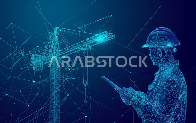 Using modern technical devices to follow up on advanced engineering projects and plans, illustrative graphics for an engineering plan, a three-dimensional holographic background of a Saudi Arabian Gulf engineer wearing work clothes and a protective helmet holding a tablet, the concept of blind construction engineering
