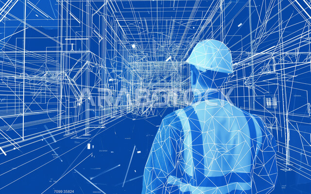 رسومات بيانية توضيحية لمخطط هندسي، خلفية هولوجرامية ثلاثية الأبعاد لمهندس عربي خليجي سعودي يرتدي لباس العمل وخوذة الحماية، متابعة التصاميم والمخططات الهندسية المتطورة لمشاريع البناء، رؤية مستقبلية سعودية ، مفهوم هندسة الإنشاءات المعمارية