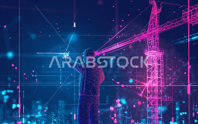 خلفية هولوجرامية ثلاثية الأبعاد لمهندس عربي خليجي سعودي يرتدي لباس العمل وخوذة الحماية، متابعة التصاميم والمخططات الهندسية المتطورة لمشاريع البناء، رسومات بيانية توضيحية لمخطط هندسي، رؤية مستقبلية سعودية ، مفهوم هندسة الإنشاءات المعمارية
