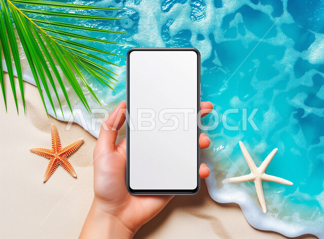 عرض خدمات وتطبيقات الهاتف المحمول في المناطق الطبيعية، مواكبة التطور التقني والتقدم التكنولوجي، استخدام الأجهزة التقنية الحديثة والمتطورة، صورة مقربة ليد تحمل موبايل بشاشة بيضاء فارغة أمام شاطئ البحر