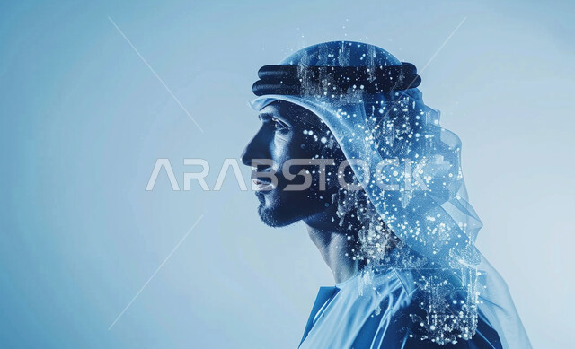 تقدم وتطور التقنيه والتكنولوجيا الحديثه، بوريه مقرب من الجانب لرجل عربي خليجي سعودي يرتدي الثوب التقليدي السعودي والغترة يمثل الذكاء الاصطناعي ، رأس سيد مدمج مع الشرائح الإلكترونية، خلقية زرقاء
