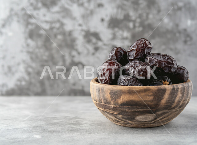 وجبة ذات قيمة غذائية عالية، منتجات ومحاصيل زراعية محلية وطنية، رطب من نخيل المملكة العربية السعودية، طبق  خشبي مليء بالتمر السكري الصحي الطازج، ضيافة رمضانية لذيذة