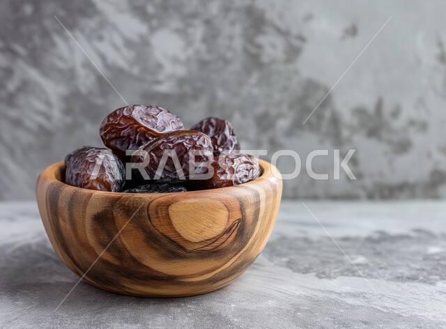 محاصيل زراعية ومنتجات محلية وطنية، رطب من نخيل المملكة العربية السعودية، طبق  خشبي مليء بالتمر السكري الصحي الطازج، وجبة ذات قيمة غذائية عالية، ضيافة رمضانية لذيذة