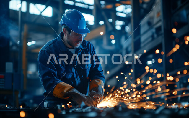 إتقان العمل في مصنع الحداده، مهن ووظائف سعودية هندسية، مصانع المعادن والحديد الخام في المملكة العربية السعودية، مهندس صناعي عربي خليجي سعودي يرتدي الخوذة ونظارات الحمايه الواقية يقوم بقص المعدن, استخدام آله مطحنه الزوايه بشفرات دائرية لصناعة القطع الحديدية