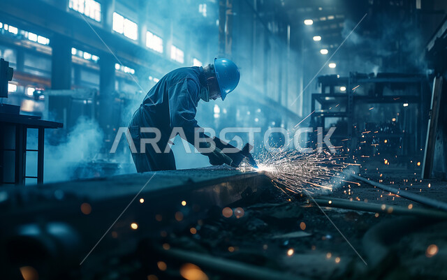 استخدام آله مطحنه الزوايه بشفرات دائرية لصناعة القطع الحديدية، إتقان العمل في مصنع الحداده، مهن ووظائف سعودية هندسية، مصانع المعادن والحديد الخام في المملكة العربية السعودية، مهندس صناعي عربي خليجي سعودي يرتدي زي العمل وخوذة الحمايه الواقية يقوم بقص المعدن