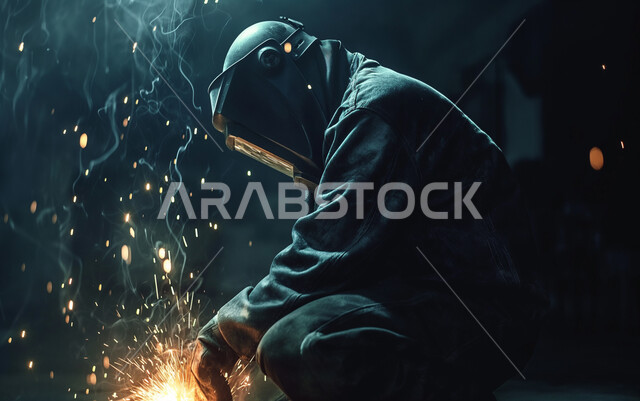 مهن ووظائف سعودية هندسية، مصانع المعادن والحديد الخام في المملكة العربية السعودية، مهندس صناعي عربي خليجي سعودي يرتدي الخوذة وقناع الحمايه الواقي يقوم بقص المعدن, استخدام آله مطحنه الزوايه بشفرات دائرية لصناعة القطع الحديدية، إتقان العمل في مصنع الحداده