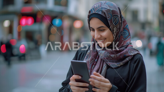 الاستمتاع بقضاء وقت ممتع في إحدى المناطق العامة, التواصل عبر التطبيقات الالكترونية الحديثة, صورة مقربة لشابة عربية خليجية سعودية محجبة مبتسمة ترتدي الزي الكاجوال تقوم بالتحدث مع الأصدقاء عبر الهاتف المحمول, تصفح مواقع السوشال ميديا