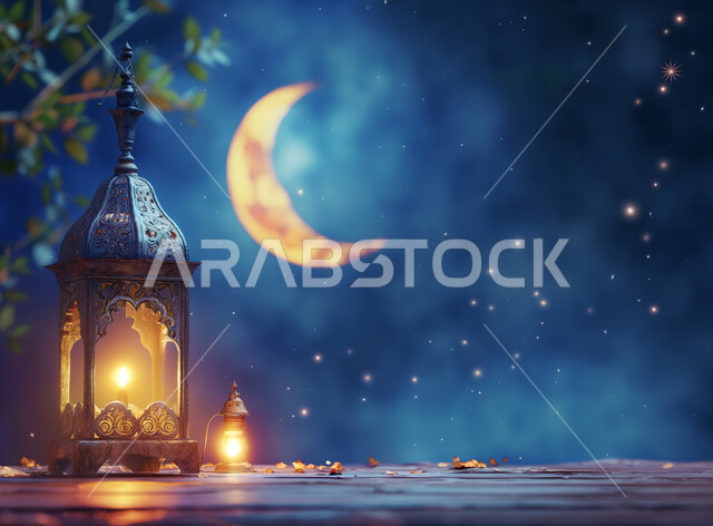الاستعداد لرمضان المبارك بالأجواء الروحانية، الفن العربي الاسلامي للتحف والاكسسوارات الرمضانية، الزينة والأنوار في الأعياد والمناسبات الدينية، فانوس معدني مضيء على طاولة خشبية، خلفية هلال شهر الخير