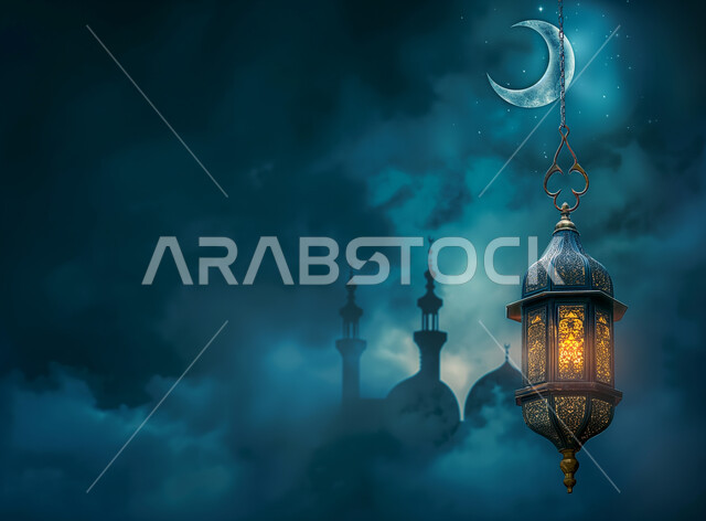 فانوس عربي معدني مزخرف مضيئ معلق في السماء الضبابية المليئة بالغيوم، أجواء رمضانية وروحانية إسلامية، ديكورات وتحف اسلامية تقليدية للاحتفال بقدوم شهر الخير، الاعياد والمناسبات الدينية، خلفية مآذن المساجد وهلال رمضان المبارك