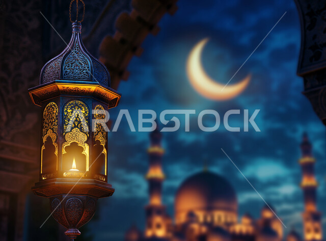 ديكورات وتحف اسلامية تقليدية للاحتفال بقدوم شهر الخير، أجواء رمضانية وروحانية إسلامية، فانوس عربي معدني مزخرف مضيئ معلق في السماء المضاءة بالنجوم، الاعياد والمناسبات الدينية، خلفية مآذن المساجد وهلال رمضان المبارك
