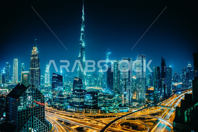 حركة مرور السياراتفي الطرق والشوارع، معالم دبي السياحية، التقدم والنمو والتوسع العمراني، الأبراج وناطحات السحاب المشهورة في دولة الإمارات العربية المتحدة ليلا، الفن الهندسي المعماري للمباني والمنشآت المطلة على البحر