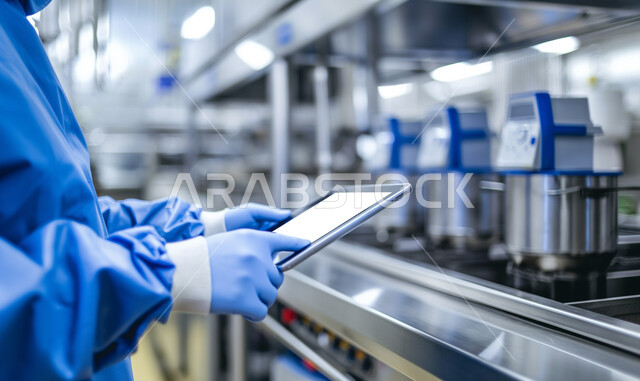 دمج التقنيات الحديثة بالأعمال الصناعية، جودة الآلات والمعدات في المصانع والمعامل، صورة مقربة ليدين امرأة عربية خليجية سعودية تحمل جهاز التابلت تقوم بمراقبة عملية الإنتاج، مصنع لتصنيع المعادن في المملكة العربية السعودية