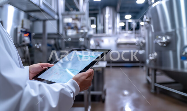 استخدام التقنيات الحديثة في الأعمال الصناعية، جودة الآلات والمعدات في المصانع والمعامل، صورة مقربة ليدين امرأة عربية خليجية سعودية تحمل جهاز التابلت تقوم بمراقبة عملية الإنتاج، مصنع لتصنيع المعادن في المملكة العربية السعودية