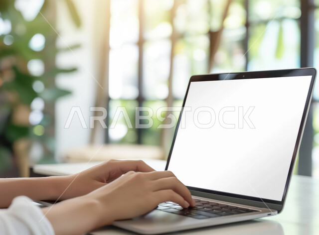 عرض شاشة بيضاء فارغة على جهاز الحاسوب المحمول، النقر والتفاعل مع لوحة المفاتيح، إدارة الأعمال المكتبية وتنظيمها، صورة مقربة ليدين موظفة تقوم بإنجاز مهام العمل المطلوبة، استخدام الأجهزة التقنية الحديثة في مكاتب الشركات