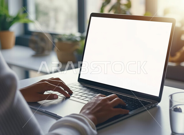 النقر والتفاعل مع لوحة المفاتيح، إدارة الأعمال المكتبية وتنظيمها، صورة مقربة ليدين موظفة تقوم بإنجاز مهام العمل المطلوبة، عرض شاشة بيضاء فارغة على جهاز الحاسوب المحمول، استخدام الأجهزة التقنية الحديثة في مكاتب الشركات