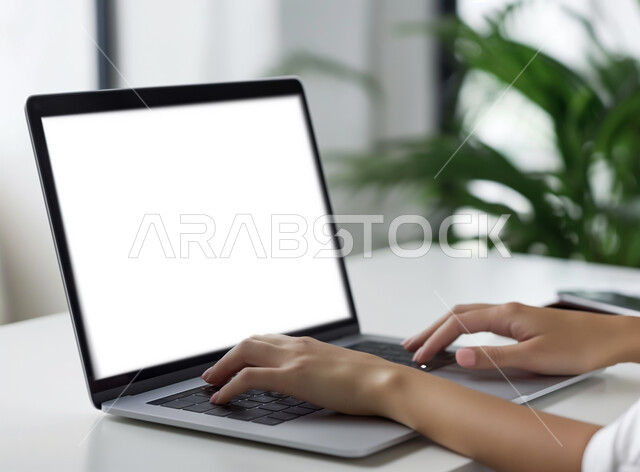 إدارة الأعمال المكتبية وتنظيمها، النقر والتفاعل مع لوحة المفاتيح، صورة مقربة ليدين موظفة تقوم بإنجاز مهام العمل المطلوبة، عرض شاشة بيضاء فارغة على جهاز الحاسوب المحمول، استخدام الأجهزة التقنية الحديثة في مكاتب الشركات