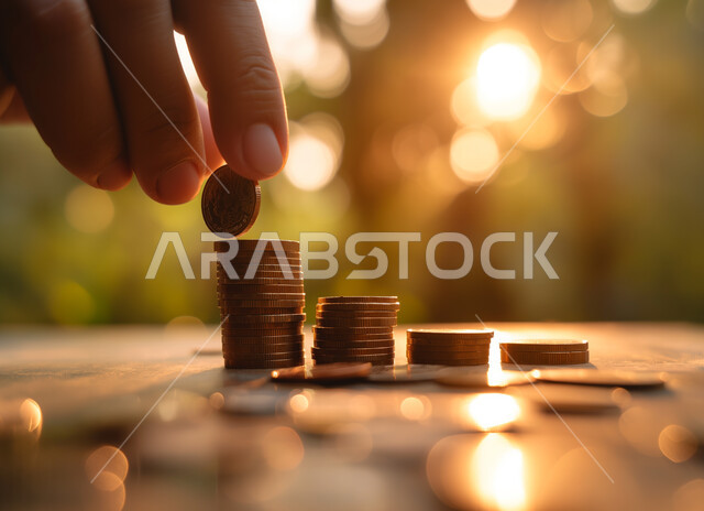 الاستثمار والفوائد العائدة، توفير وادخار الأموال وتمويل الأعمال، مفهوم النمو الاقتصادي والأرباح المالية والاستدامة، صورة مقربة ليد رجل عربي خليجي سعودي يقوم بوضع العملات المعدنية فوق بعضها البعض