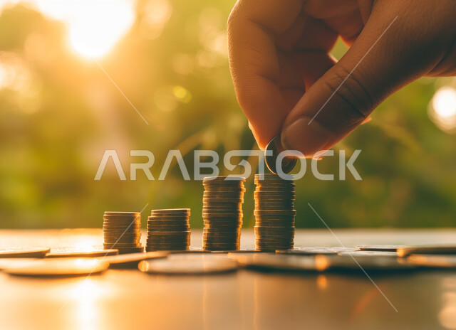 ادخار وتوفير الأموال وتمويل الأعمال، مفهوم النمو الاقتصادي والأرباح المالية والاستدامة، صورة مقربة ليد رجل عربي خليجي سعودي يقوم بوضع العملات المعدنية فوق بعضها البعض، الاستثمار والفوائد العائدة