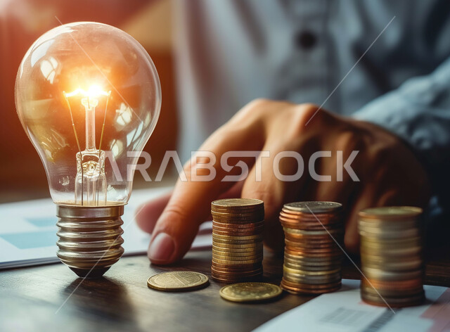 The concept of economic growth, financial profits and sustainability, a close-up of the hand of a Saudi Gulf Arab man placing coins on top of each other, saving and saving money, financing businesses, investment and interest returns.
