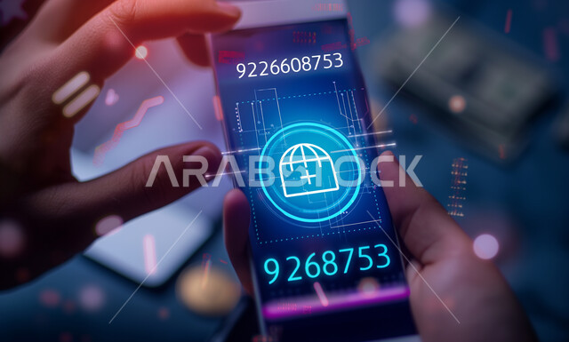 دمج التكنولوجيا المتطورة مع العمل، تداول العملة الرقمية، الدفع الإلكتروني عبر الهاتف المحمول، صورة مقربة ليد رجل عربي خليجي سعودي يحمل يحمل موبايل ويقوم بمراقبة ارتفاع وانخفاض الأسهم والبورصة