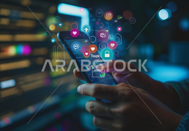 المحادثات والدردشات مع العائلة والأصدقاء، عرض تطبيقات الهاتف المحمول وبرامج مواقع التواصل الإجتماعي، صورة مقربة ليد رجل عربي خليجي سعودي يحمل الموبايل يقوم بتصفح ومتابعة السوشال ميديا