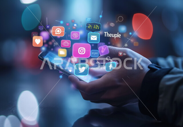 عرض تطبيقات الهاتف المحمول وبرامج مواقع التواصل الإجتماعي، صورة مقربة ليد رجل عربي خليجي سعودي يحمل الموبايل يقوم بتصفح ومتابعة السوشال ميديا، المحادثات والدردشات مع العائلة والأصدقاء