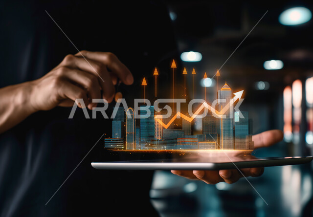 دمج التكنولوجيا المتطورة مع العمل، مراقبة ارتفاع وانخفاض الأسهم في سوق البورصه، تداول العملة الرقمية، إنجاز وتحقيق أهداف الشركة, صورة مقربة ليد رجل أعمال عربي خليجي سعودي يحمل جهاز التابليت يقوم بمتابعة مخطط الرسم البياني للنمو الاقتصادي