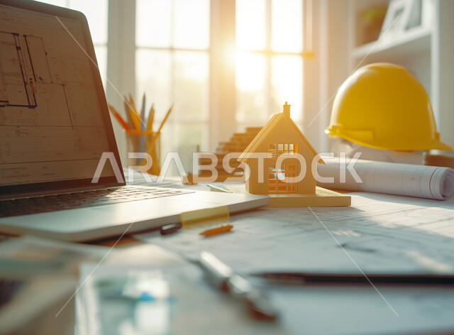 Equipment, tools and construction plans on an office table, a close-up picture of the hand of a Saudi Gulf Arab engineer following up on work via a laptop, Saudi engineering professions and jobs, yellow safety helmet on the desk, completing work tasks and drawing projects using modern technologies