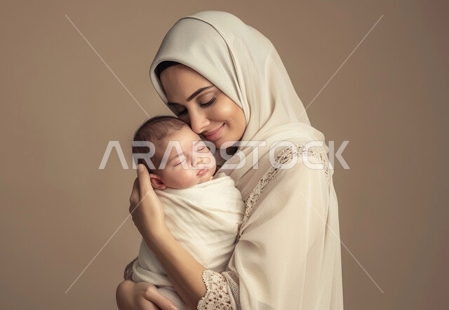 مفهوم حنان الأمهات، تحمل المسؤولية والعناية بالأطفال، قضاء وقت ممتع مع الأبناء، بورتريه مقرب لأم عربية خليجية سعودية محجبة مبتسمة تحمل طفلها الرضيع وتحضنه بعطف وحب، مشاعر الأمومة والطفولة، خلفية بنية