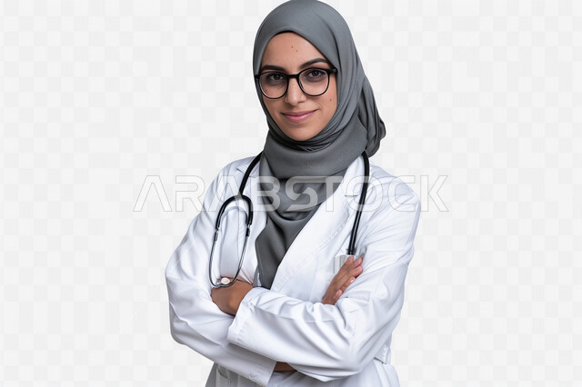 الاهتمام بالمظهر الخارجي، النظر إلى الكاميرا بايماءات الثقة بالنفس، تقديم الفحص الطبي والخدمات العلاجية، بورتريه مقرب لطبيبة عربية خليجية سعودية محجبة مبتسمة ترتدي معطف الطبيب وتضع السماعات الطبية، مفهوم الأنوثة والنعومة، خلفية بيضاء