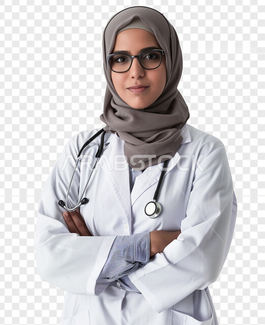 النظر إلى الكاميرا بايماءات الثقة بالنفس، الاهتمام بالمظهر الخارجي، تقديم الفحص الطبي والخدمات العلاجية، بورتريه مقرب لطبيبة عربية خليجية سعودية محجبة مبتسمة ترتدي معطف الطبيب وتضع السماعات الطبية، مفهوم الأنوثة والنعومة، خلفية بيضاء