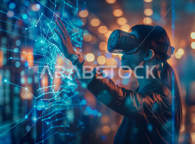 العلوم والتكنولوجيا الحديثة والمتطورة, التفاعل والاندماج مع الواقع الافتراضي, صورة مقربة لامرأة عربية خليجية سعودية ترتدي نظارة ثلاثية الأبعاد وتنظر إلى شيء ما، محاكاه العالم الخيالي، رؤية رسومات هولوجرامية مختلفة، استخدام حاسة اللمس وتحريك اليدين