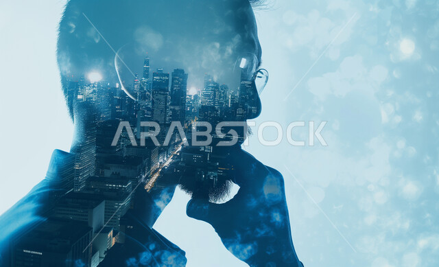 Gestures of absent-mindedness and thinking about the future, a close-up silhouette of a Saudi Gulf Arab man placing his hand on his chin, towers and skyscrapers inside a model of a young man’s head, a vision of his future 2030