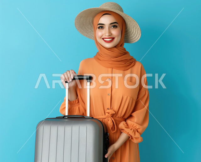 النظر الى الكاميرا بايماءات الفرح والسرور لقضاء إجازة سعيدة، عطلة صيفية مليئة بالرحلات الممتعة، بورتريه لامرأة عربية سعودية خليجية محجبة مبتسمة ترتدي قبعة القش المعاصرة تحمل بيدها حقيبة السفر، خلفية زرقاء