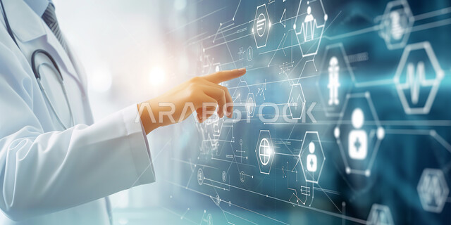 الإشارة الى شاشة بداخلها رسومات هولوجرامية ثلاثي الأبعاد، استخدام التكنولوجيا الحديثة والذكاء الإصطناعي في فحص ومعاينة المرضى، صورة مقربة من الجانب لطبيب عربي خليجي سعودي يرتدي المريول الطبي، رؤية سعودية مستقبلية 2030 ، التطور التقني في المجال العلمي والطبي