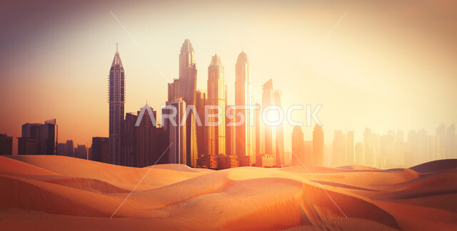 النمو والتقدم والتوسع العمراني، الواجهة البحرية على ساحل الخليج العربي، الأجواء الضبابية المحيطة بالأبراج وناطحات السحاب في دولة الإمارات العربية المتحدة، معالم دبي السياحية