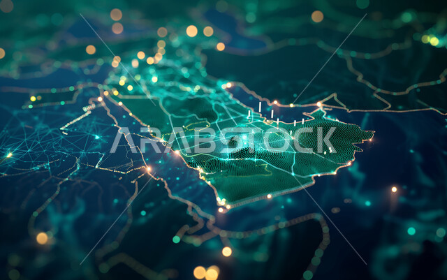 Global network connectivity, digital development and technological growth in the field of artificial intelligence, three-dimensional holographic drawings of the map of Saudi Arabia and the Arabian Gulf, effective communication between the countries of the Arab Gulf, a Saudi future vision 2030