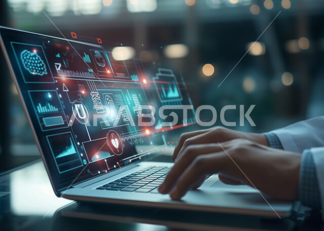  استعمال الأجهزة التقنية الحديثة في الأعمال المكتبية، خلفية هولوجرامية ثلاثية الابعاد لأيقونات الأبحاث العلمية، النمو التكنولوجي والتطور الرقمي في مجال الذكاء الإصطناعي، صورة مقربة ليدين رجل عربي خليجي سعودي يقوم بالنقر والتفاعل مع لوحة المفاتيح