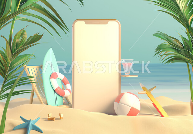 Keeping pace with technical development and technological progress, using modern and advanced technical devices, a mobile phone with a blank white screen on the sand of the seashore, displaying mobile phone services and applications in natural areas.
